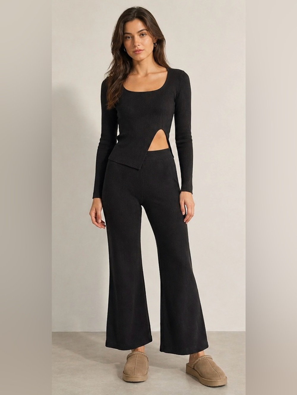Zara Black Ribbed Wide-Leg Pants